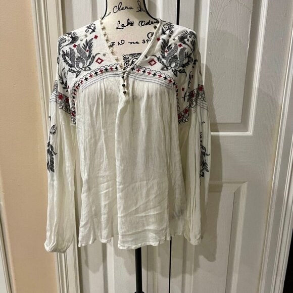 ICONIC BOHO WESTERN FREE PEOPLE EMBROIDERED STUDDED V NECK BLOUSE OFF WHITE SZ M - Picture 7 of 16